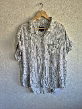 Threadgrit Plus Size Blue White Aztec Print Button Down Shirt Womens Size XXL
